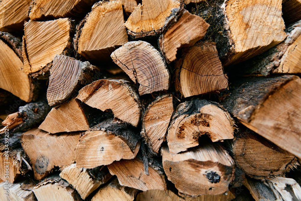 Closeup of a pile of firewood with the word wood written on a piece in bright natural light