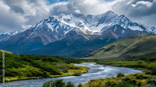 Snow-Capped Majestic Mountain Range with Serene River and Lush Valleys