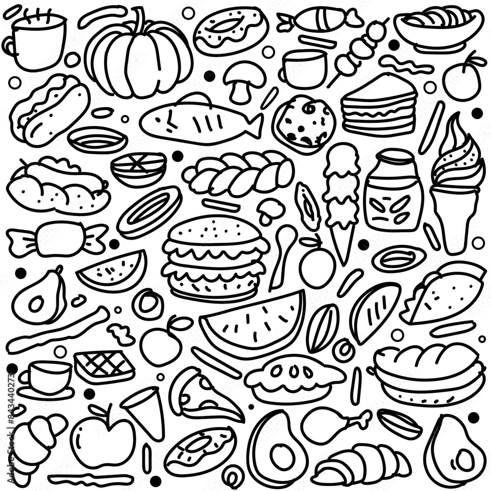 Set of hand drawn food isolated on white background, doodles set of fast food. Set of hand drawn food isolated on white background, doodles set of fast food.