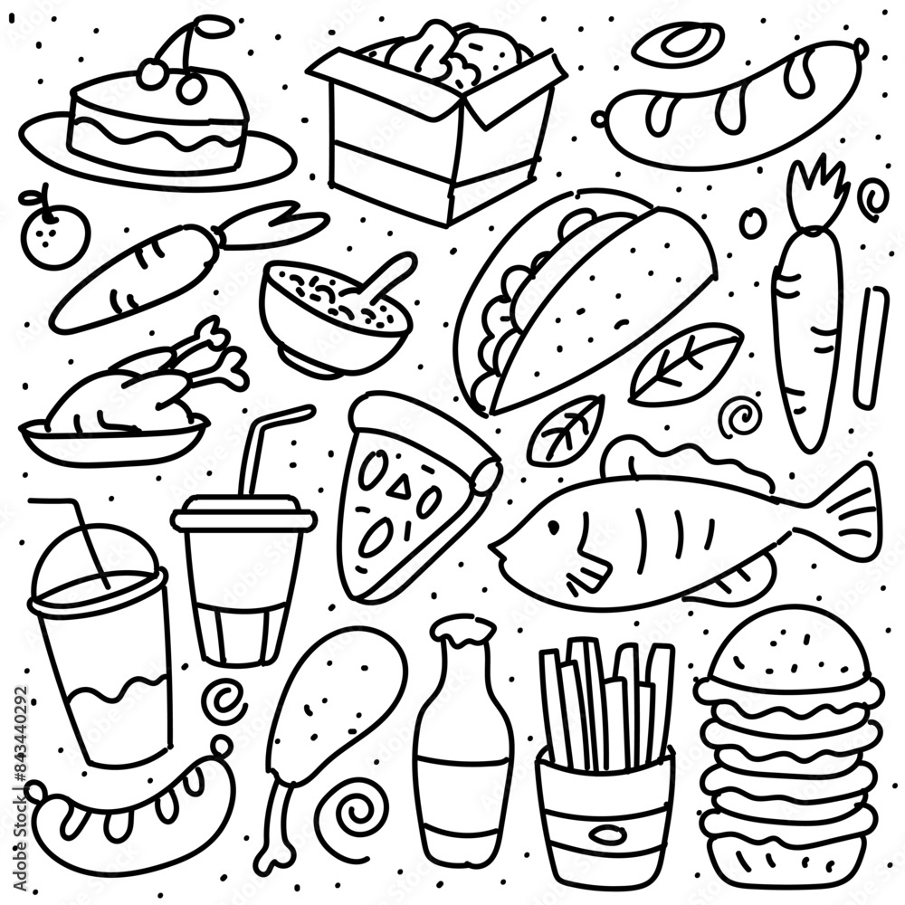 Set of hand drawn food isolated on white background. Set of hand drawn food isolated on white background.