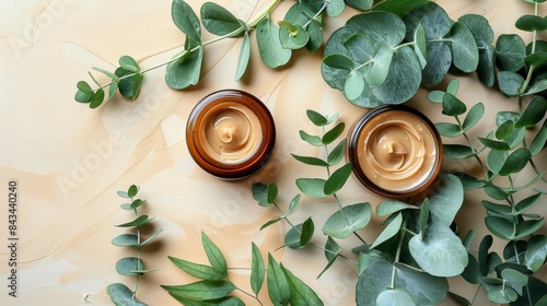 top view of serum oil and open jar with white cream, surrounded by eucalyptus leaves