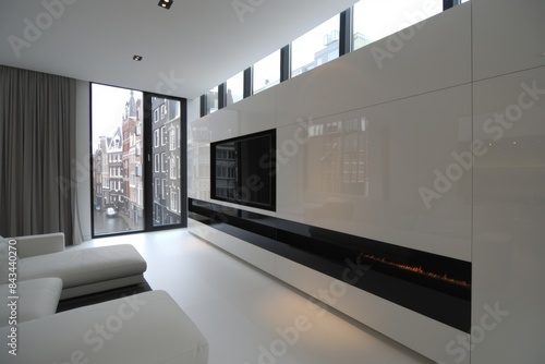 A modern living room features a sleek fireplace with a city view visible through a large window. The minimalist design includes white walls  a white sofa  and a large flat-screen television