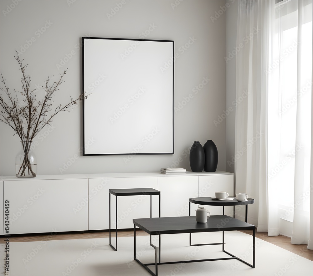 Frame mockup, ISO A paper size. Living room poster mockup. Modern interior design. Living room Interior mockup with house background. 3D render Frame mockup, ISO A paper size. Living room poster mockup. Modern interior design. Living room Interior mockup with house background. 3D render