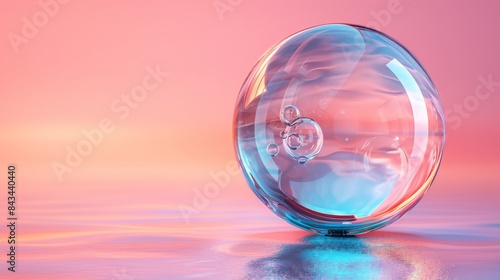 Glass liquid with holographic effect in 3D. Circle liquid object in transparent glass with reflections in 3D. © VIK