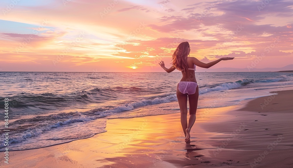 Glowing in the Golden Hour: A Captivating Young Woman Embraces the Beach at Sunset Glowing in the Golden Hour: A Captivating Young Woman Embraces the Beach at Sunset