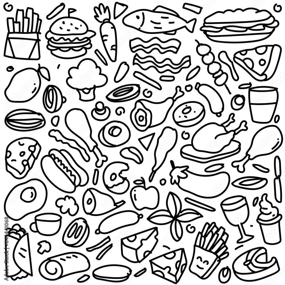 Set of hand drawn food isolated on white background, doodles set of fast food Set of hand drawn food isolated on white background, doodles set of fast food