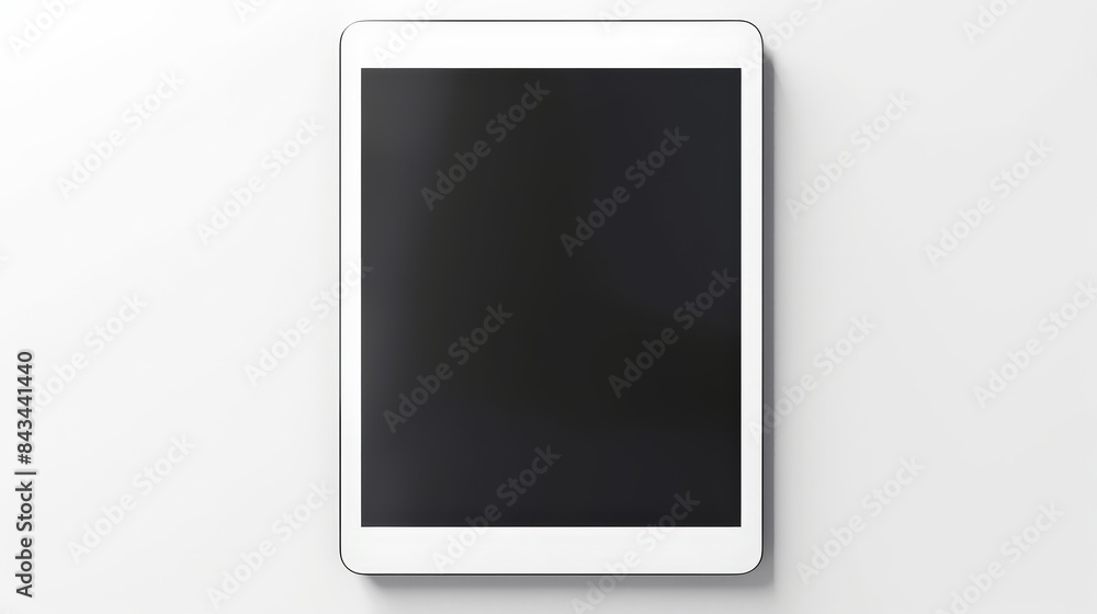 Top view of modern white tablet with blank black screen on white surface. Ideal for mock-ups, technology themes, and design presentations. Top view of modern white tablet with blank black screen on white surface. Ideal for mock-ups, technology themes, and design presentations.