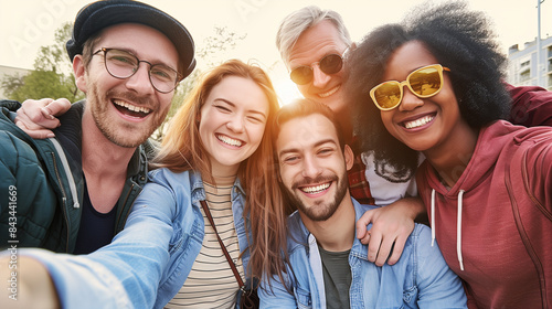 Group of Friends Enjoying a Day Out.  A vibrant and joyful group of friends is captured in a selfie  radiating happiness and camaraderie.