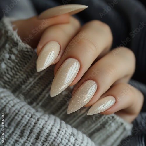 Close up of long, stiletto nails with a clear, natural polish. photo