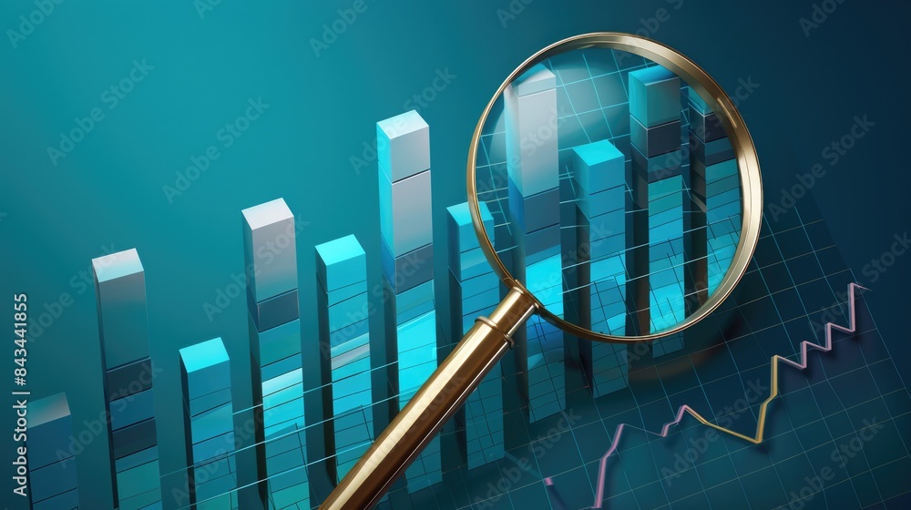 Magnifying glass and bar chart illustration, stock exchange concept, blue background Magnifying glass and bar chart illustration, stock exchange concept, blue background