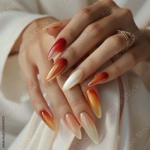 Closeup of elegant long almond-shaped nails with ombre design in warm fall colors.