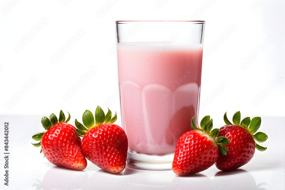 A refreshing glass of strawberry-flavored milk, accompanied by fresh whole strawberries and a green strawberry leaf, set against a clean white background A refreshing glass of strawberry-flavored milk, accompanied by fresh whole strawberries and a green strawberry leaf, set against a clean white background