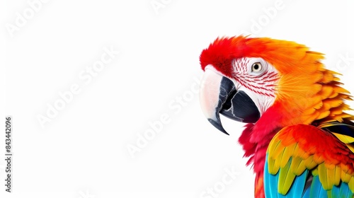Vibrant close-up of a colorful parrot with red, yellow, and blue feathers on a white background, highlighting its striking beauty.