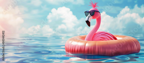 Flamingo wearing summer sunglasses, summer travel lifestyle concept banner background photo