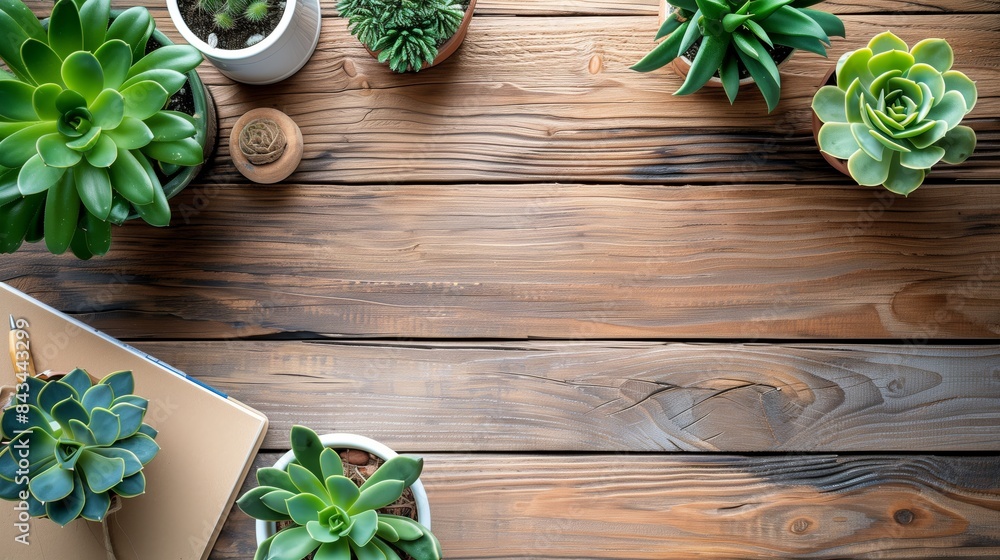 Top view of various succulent plants in pots, placed on a rustic wooden table, with a notebook and pencil nearby. Top view of various succulent plants in pots, placed on a rustic wooden table, with a notebook and pencil nearby.