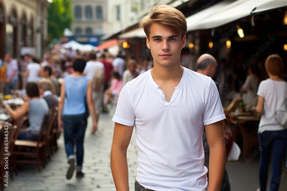A young man in a white shirt stands in a crowded street A young man in a white shirt stands in a crowded street