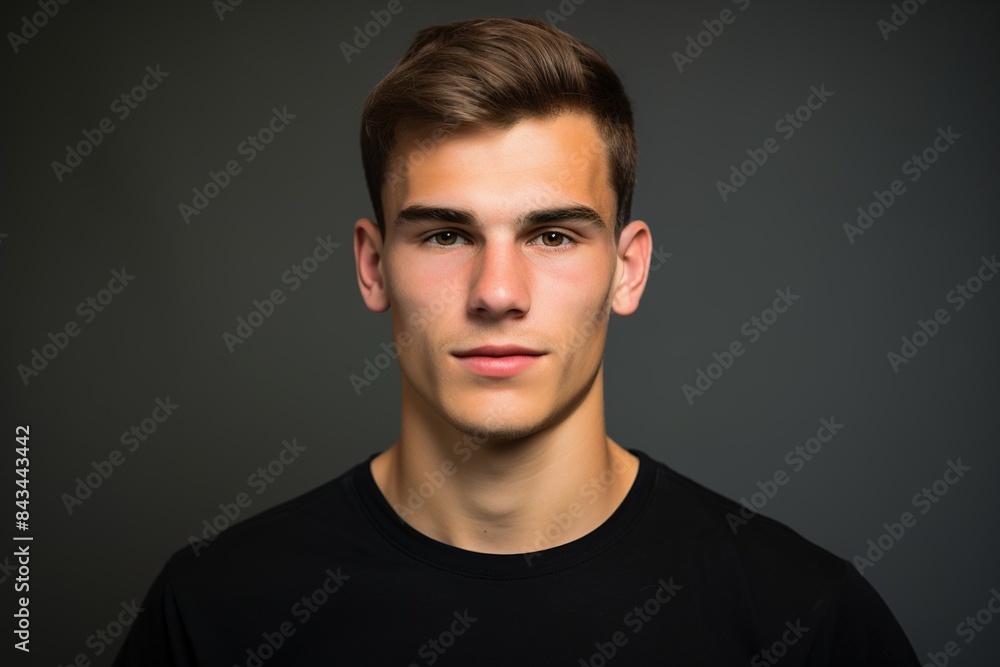 Obraz premium A young man with short brown hair and a black shirt is smiling for the camera