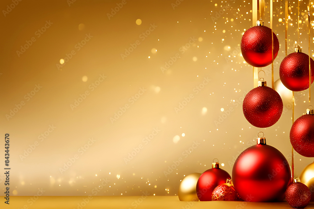 Christmas and New Year yellow background with golden stars and red Christmas balls.... Christmas and New Year yellow background with golden stars and red Christmas balls....