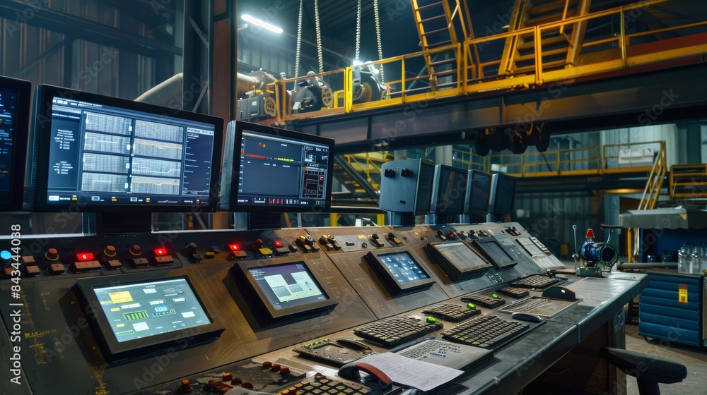 Fototapeta premium Industrial control room with multiple monitors and control panels, overseeing machinery and operations. Hard hats and industrial equipment are visible. High-tech environment.