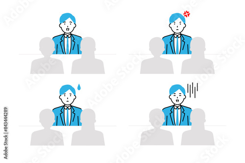 顧客との打ち合わせ中のスーツを着た男性の表情バリエーションイラスト
