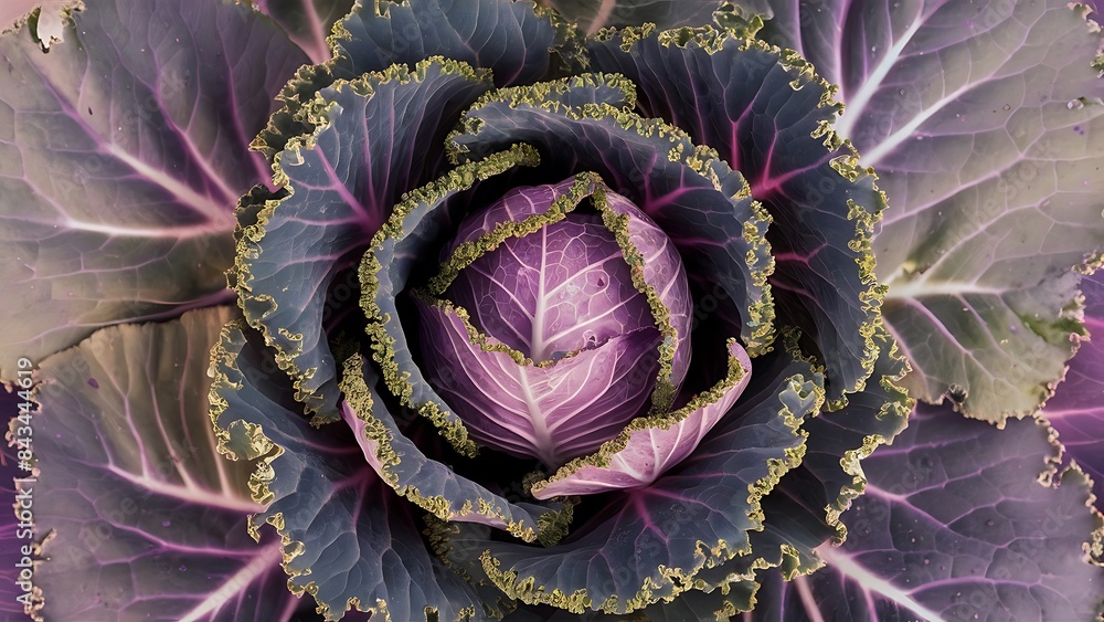 Fototapeta premium Decorative cabbage kale purple and green close up deatails from top view