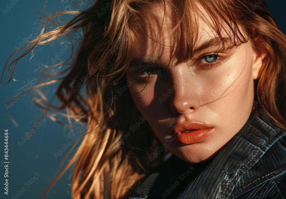Closeup portrait of a woman with windswept hair and freckles under sunlight, exuding beauty and elegance Closeup portrait of a woman with windswept hair and freckles under sunlight, exuding beauty and elegance