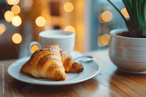 dessert crossiant with hot coffee on background  photo