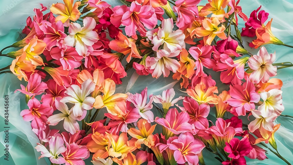 Summertime aesthetic top view flat lay of colorful alstroemeria flowers on pastel teal background Summertime aesthetic top view flat lay of colorful alstroemeria flowers on pastel teal background