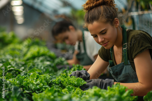 Farmers working collaboratively in a vibrant greenhouse filled with green vegetables, emphasizing themes of teamwork, organic farming, sustainability, and producing healthy, natural food 