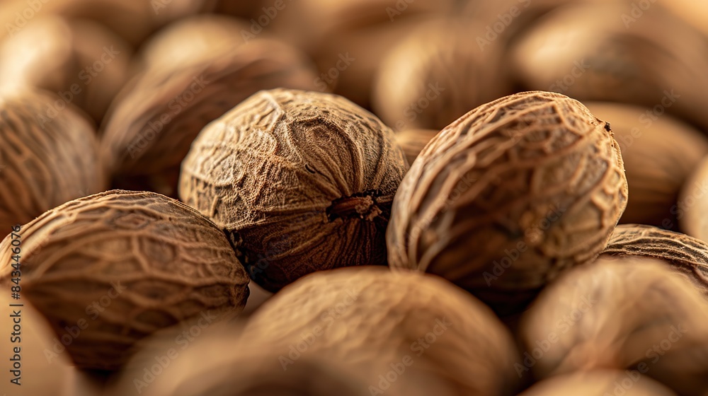 Macro shot of whole nutmeg seeds, emphasizing their rough exterior and warm, golden . Generative Ai Macro shot of whole nutmeg seeds, emphasizing their rough exterior and warm, golden . Generative Ai