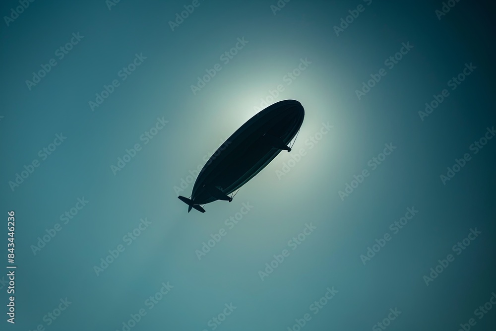 A large airship, appearing as a dark silhouette against a clear blue sky, flies against the sunlight. Generative AI A large airship, appearing as a dark silhouette against a clear blue sky, flies against the sunlight. Generative AI
