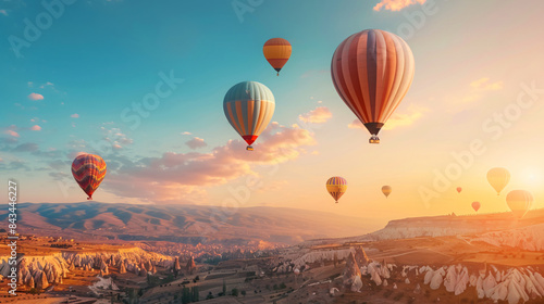 Beautiful inspirational sunrise landscape with hot air baloons 