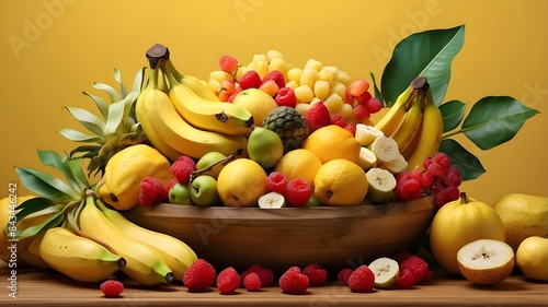 An interesting and visually descriptive image of a tropical fruit and banana arrangement, captured in a realistic and detailed rendering style. The juicy fruits and vibrant colors pop against the yell photo