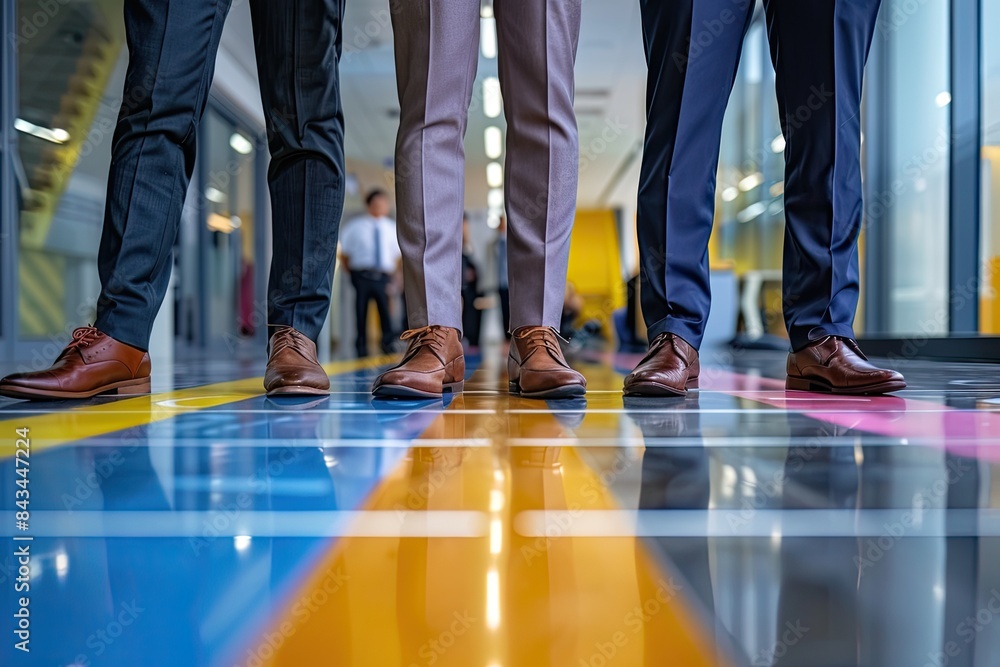 Four men in suits stand in a hallway, each wearing a brown shoe. Concept of professionalism and formality, as the men are dressed in business attire Four men in suits stand in a hallway, each wearing a brown shoe. Concept of professionalism and formality, as the men are dressed in business attire