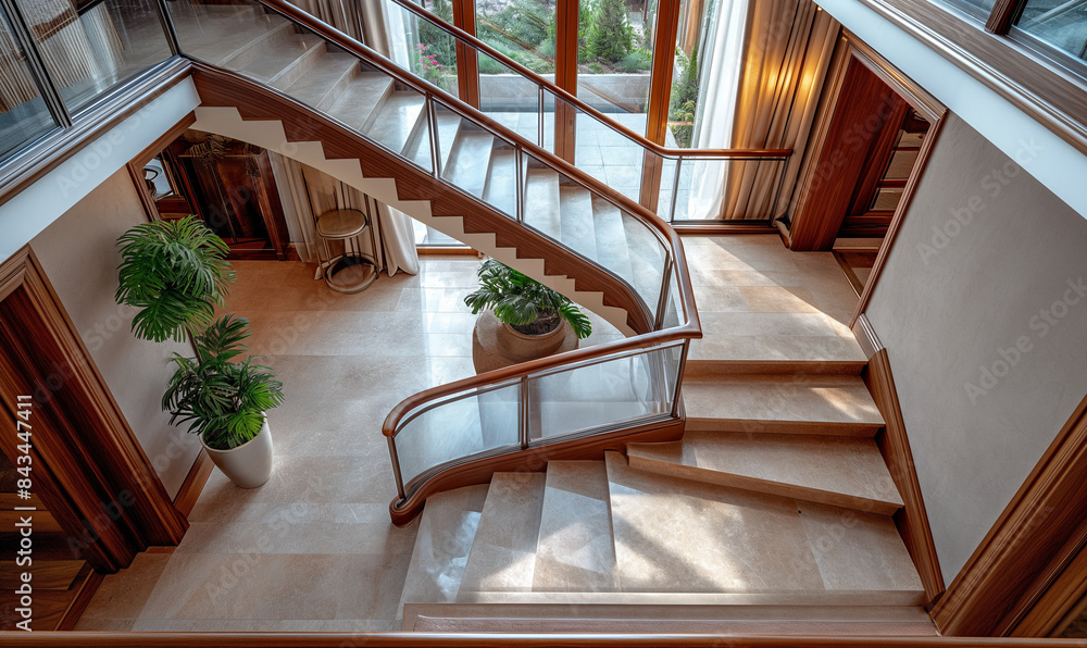 A luxurious home with a staircase in rich wood tones with a cozy interior atmosphere. Home modern interior with stylish staircase. A luxurious home with a staircase in rich wood tones with a cozy interior atmosphere. Home modern interior with stylish staircase.