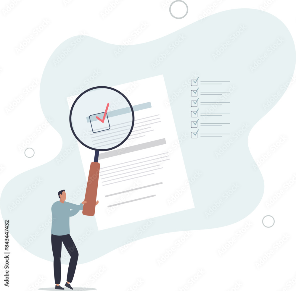 proof or checking concept, businessman with magnifier inspect document.flat vector illustration. proof or checking concept, businessman with magnifier inspect document.flat vector illustration.
