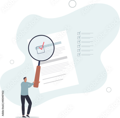 proof or checking concept, businessman with magnifier inspect document.flat vector illustration.