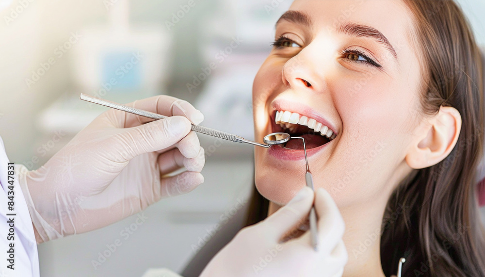 A female patient is currently at an appointment for a dental examination with a dentist A female patient is currently at an appointment for a dental examination with a dentist