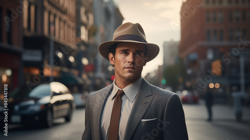 A 1950s male model in a sleek, tailored suit and fedora, standing on a city street