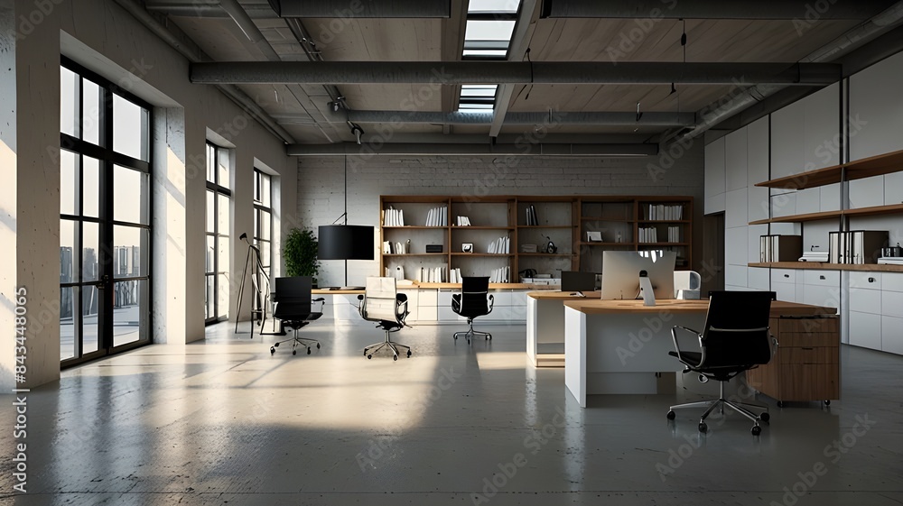 industrial office 3d render. with picture behind the desk. concrete floor and black steel structures. Furnished with wooden furniture and leather armchairs - Generative AI industrial office 3d render. with picture behind the desk. concrete floor and black steel structures. Furnished with wooden furniture and leather armchairs - Generative AI