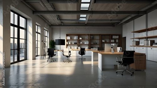 Wallpaper Mural industrial office 3d render. with picture behind the desk. concrete floor and black steel structures. Furnished with wooden furniture and leather armchairs - Generative AI Torontodigital.ca