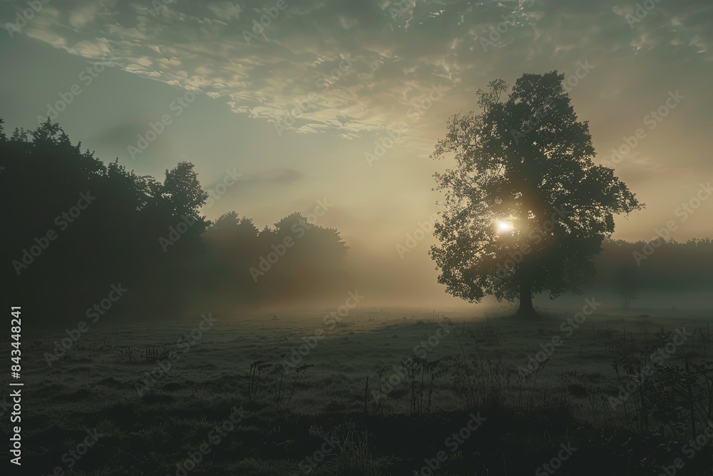Naklejka premium A lone tree stands in a field shrouded in fog, with the sun peeking through its branches. Generative AI