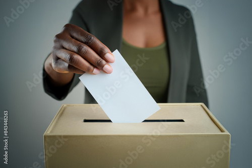 Woman's hand placing voting slip into a ballot box. Close up on hand. Front view. Black woman voting in a referendum or an election.