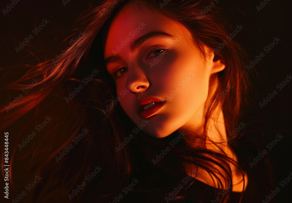 A portrait of a mysterious woman with flowing hair in moody lighting, capturing intense expression through photography A portrait of a mysterious woman with flowing hair in moody lighting, capturing intense expression through photography