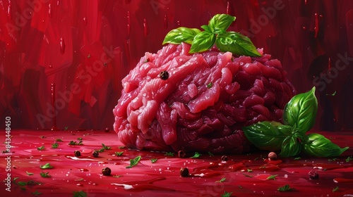 Animated cartoon mince. Ground meat minced pork red beef, raw diced beef close up, chopped cube lamb product, uncooked forcemeat. photo