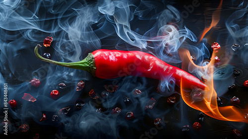 Chilli peppers isolated. Spicy chile cayenne pepper with abstract fog or steam mist cloud, Red hot chilli pepper with smoke coming out of tip which is burning and glowing, Hot spicy red peppers  photo