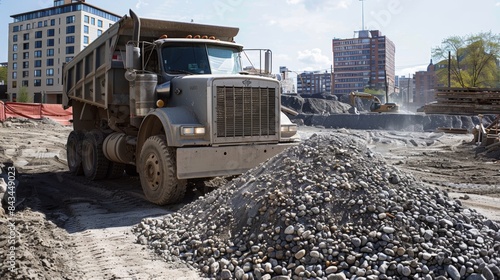 A dump truck unloads a large pile of gravel onto the construction site where it will be used as part of the foundation for the underpass. photo