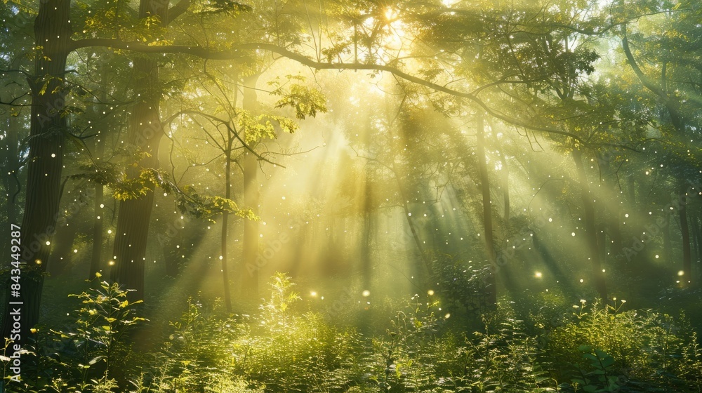 Fototapeta premium Spectacular sun rays shining through woods and tree in the dense forest. Green and lust forest on a beautiful summer day