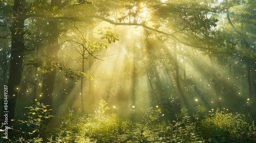 Spectacular sun rays shining through woods and tree in the dense forest. Green and lust forest on a beautiful summer day