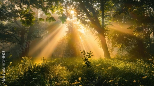 Spectacular sun rays shining through woods and tree in the dense forest. Green and lust forest on a beautiful summer day